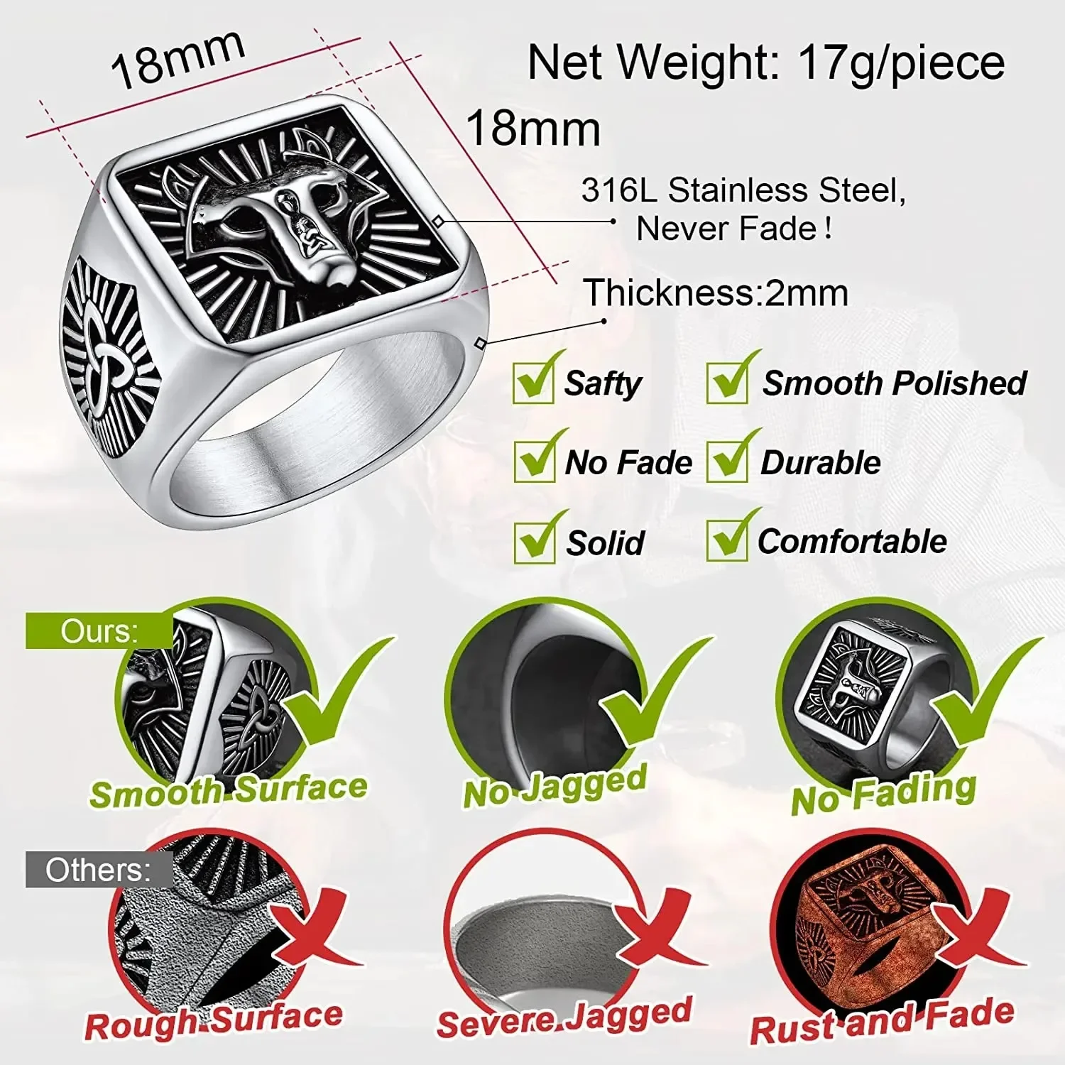 Chevalières en acier inoxydable, Runes nordiques et symboles vikings (Taille 7 à 14) – Image 3