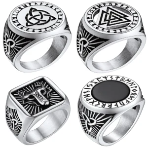 Chevalières en acier inoxydable, Runes nordiques et symboles vikings (Taille 7 à 14)