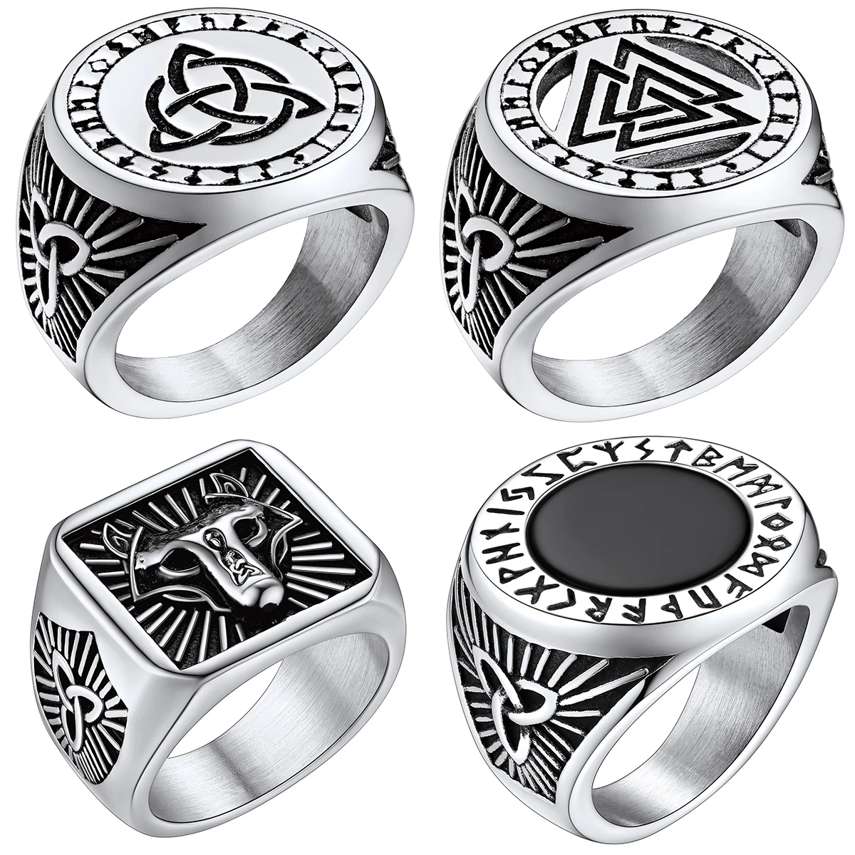 Chevalières en acier inoxydable, Runes nordiques et symboles vikings (Taille 7 à 14)